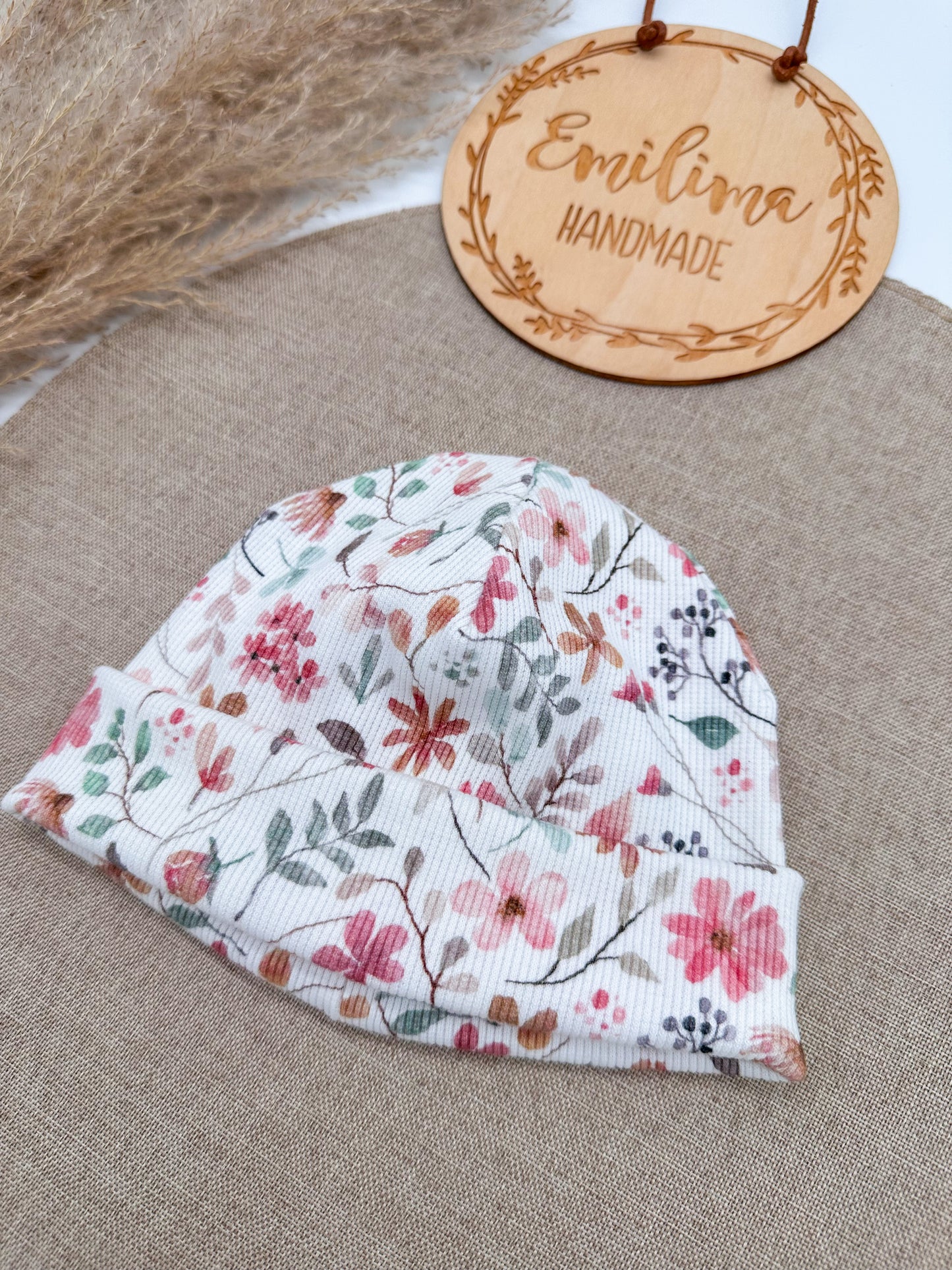 Hipster Beanie Beaniemütze Blumen Rippenjersey Baby Übergangsmütze