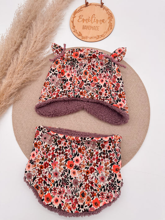 Set Wintermütze Öhrchenmütze und Halssocke|mit Teddyfleece Beere - für  Babys und Kinder