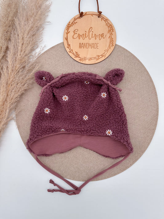 Öhrchenmütze Teddy Beere und Blumen altrosa dunkel
