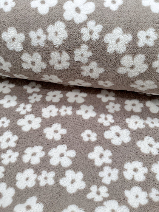 Stoff Teddyfleece beige Blumen Creme  Meterware
