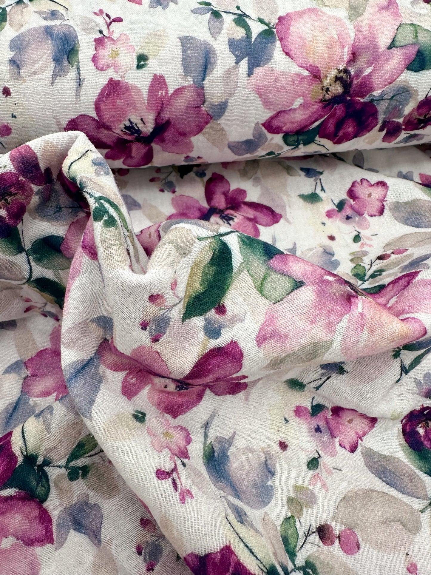 Meterware Musselin Baumwollmusselin Double gauze Stoff große Blumen Beere