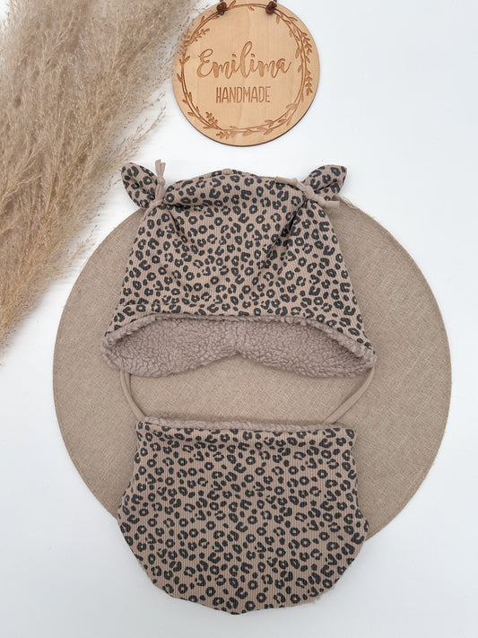 Set Wintermütze Öhrchenmütze und Halssocke Teddyfleece Baby Kleinkind