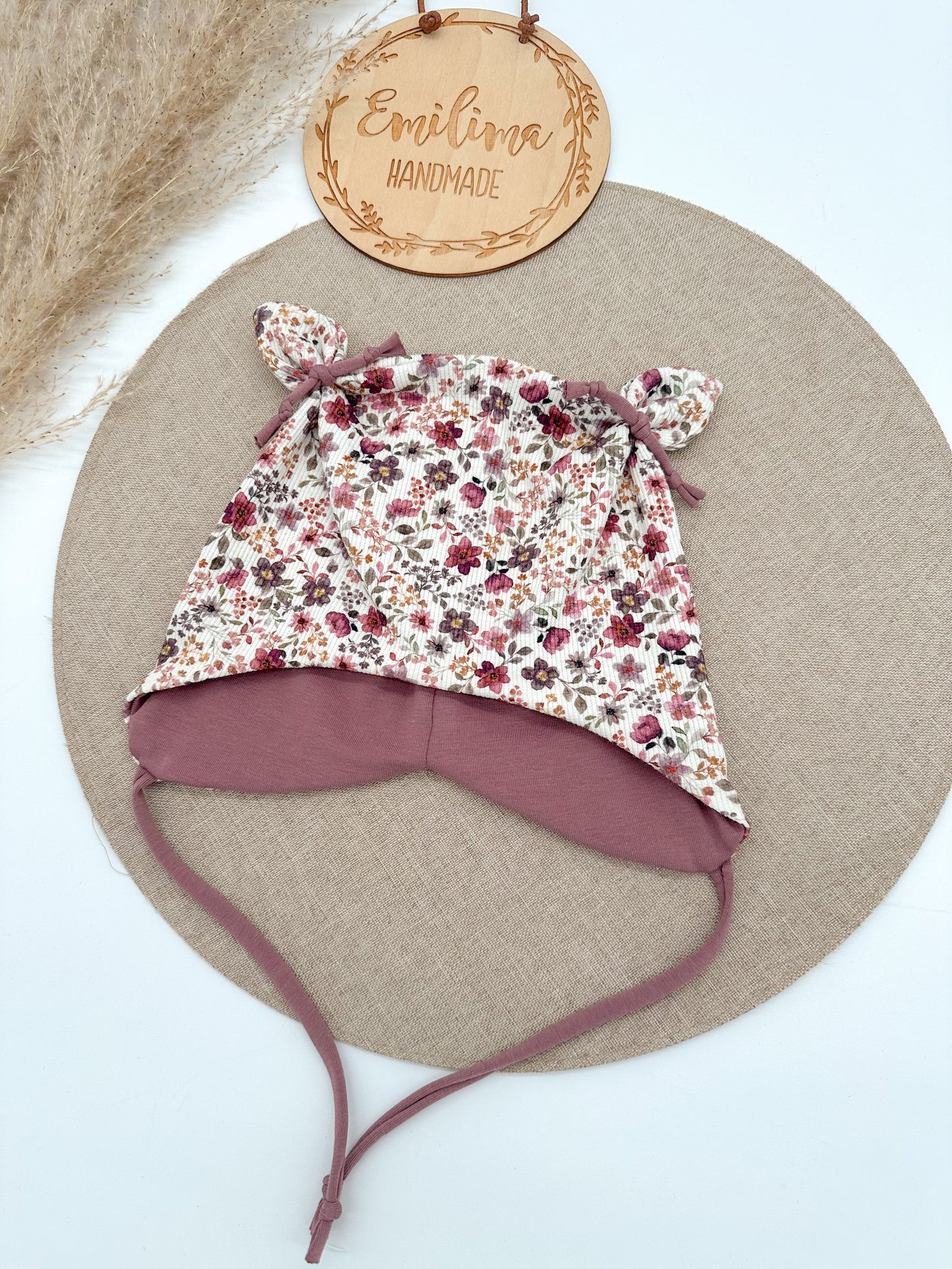 Übergangsmütze Rib Jersey Blumenwiese bordeaux