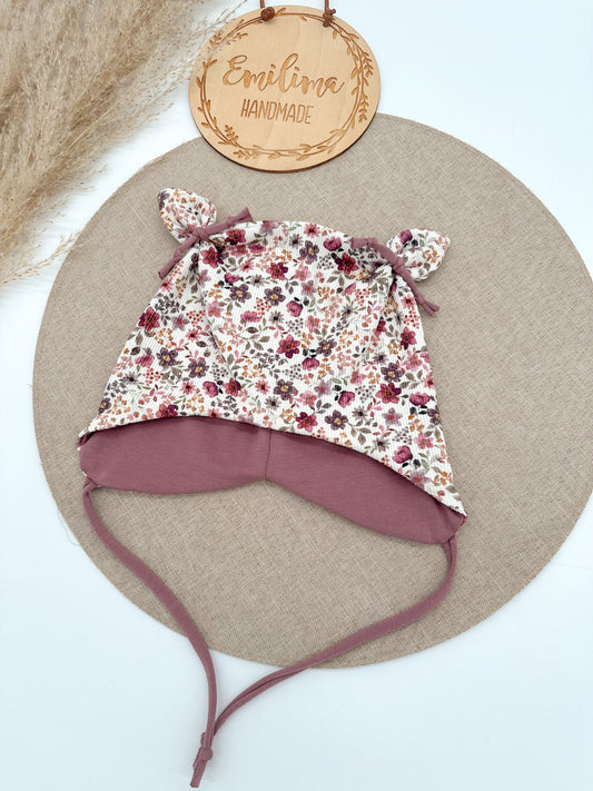 Übergangsmütze Rib Jersey Blumenwiese bordeaux