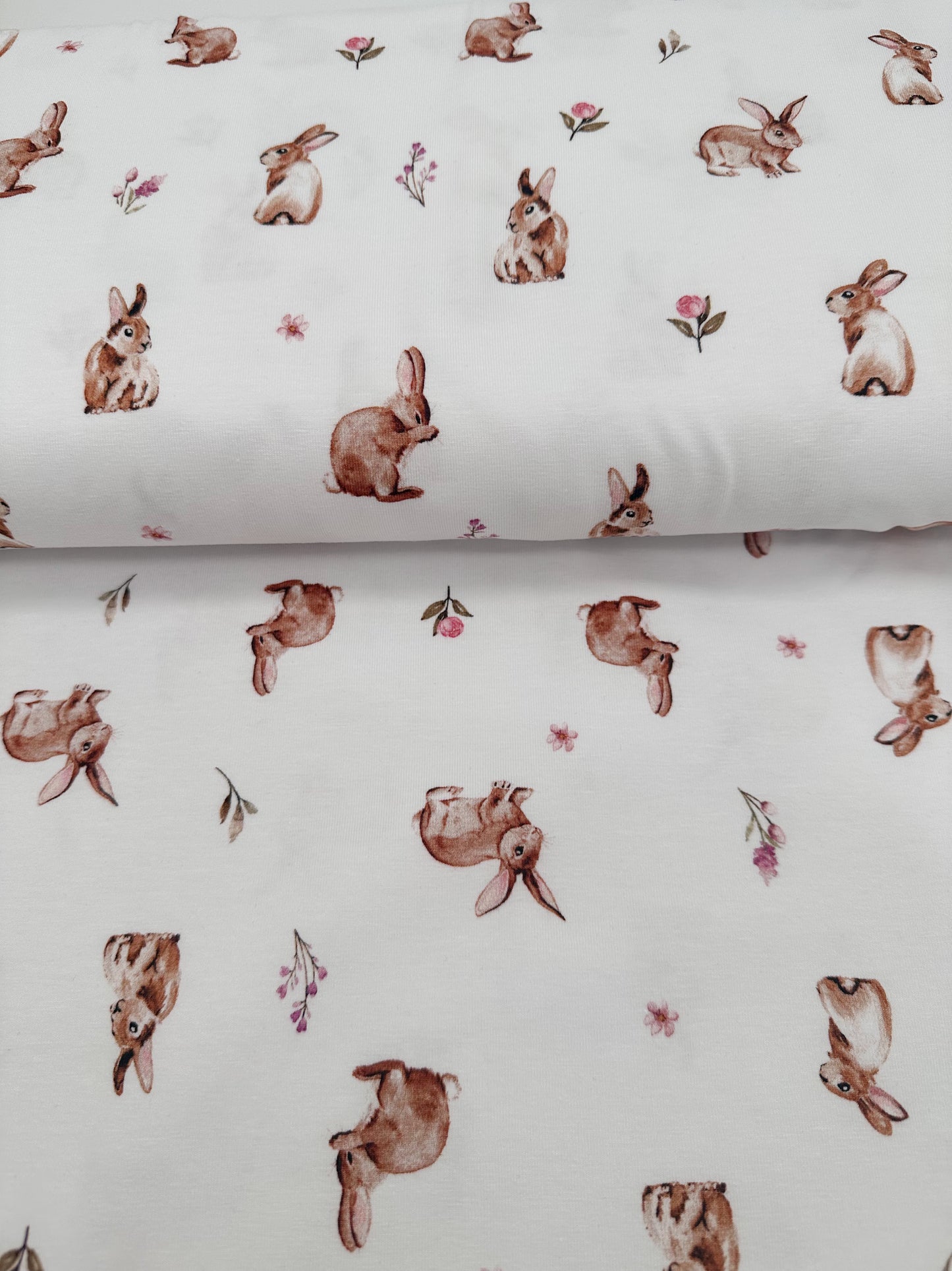 Baumwolljersey Stoff Meterware Hase & Blume