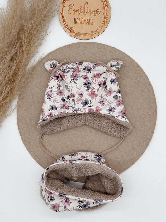 Set Wintermütze Öhrchenmütze und Loopschal  Teddyfleece Baby Kleinkind