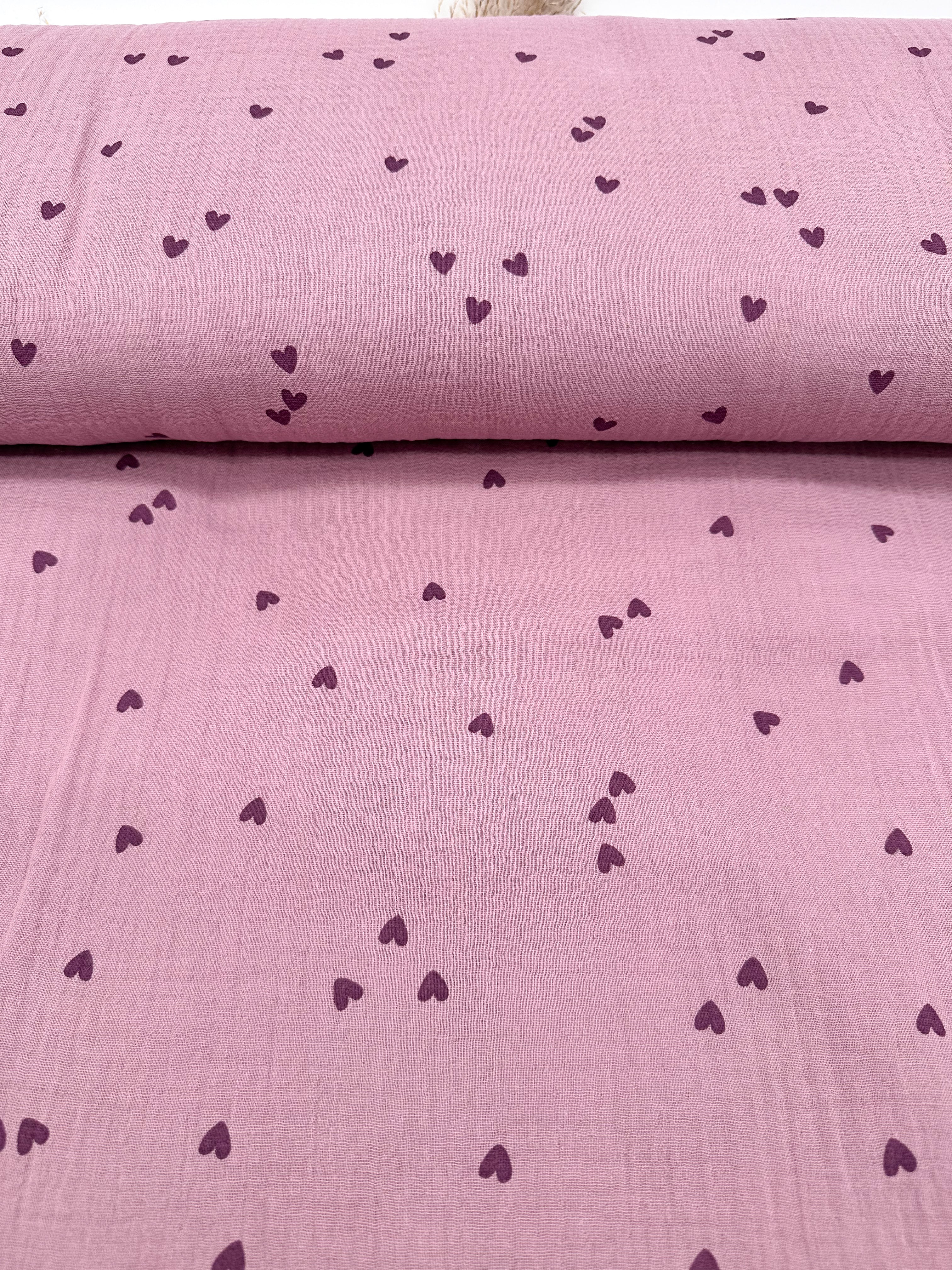 Musselin Herzen mauve Meterware
