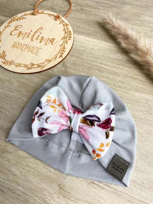 Turban Turbanmütze mit Schleife floral grau