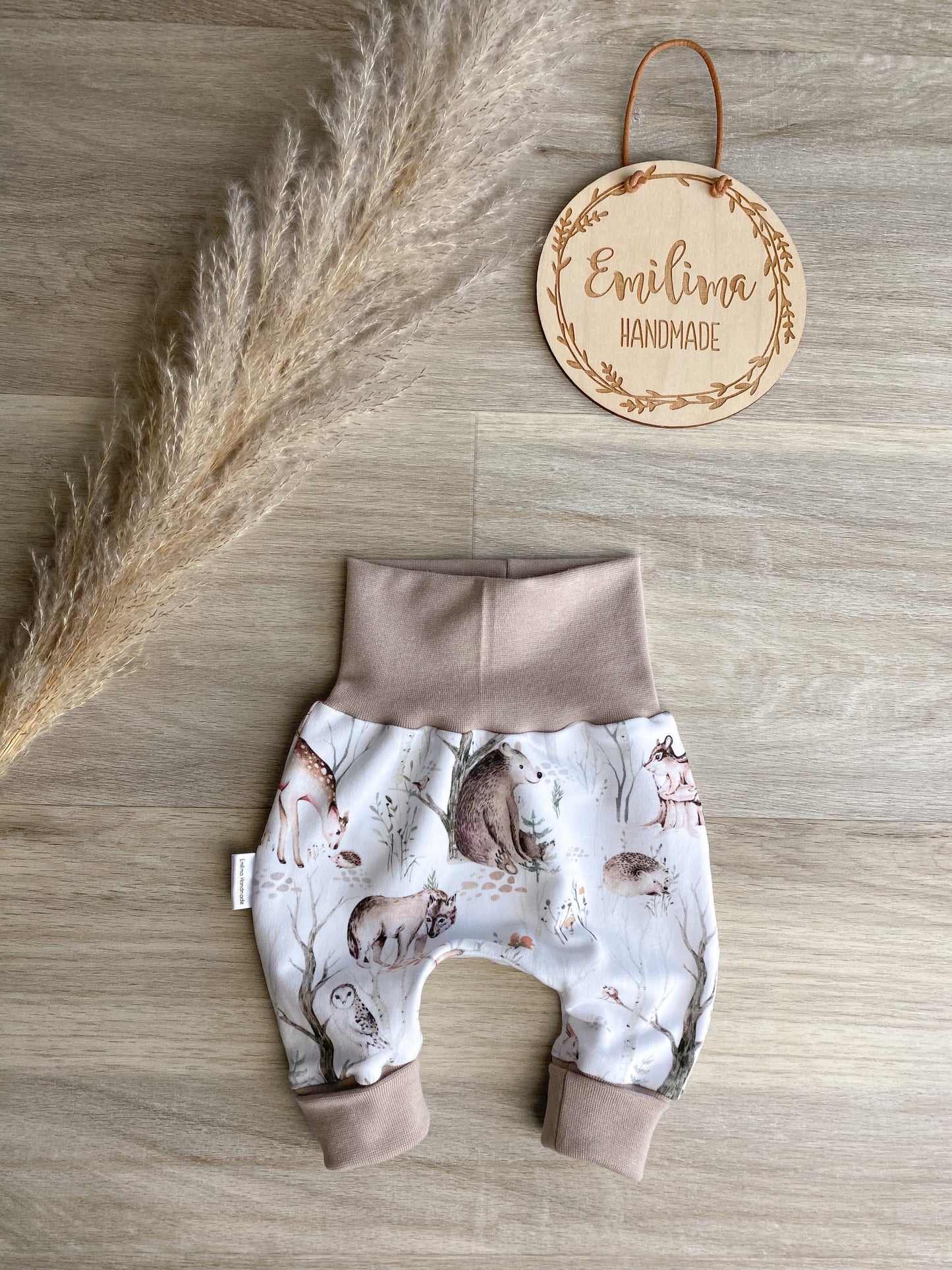 Pumphose Babyhose Baggypants Birkenwald Waldtiere Weiß Kiesel Newborn