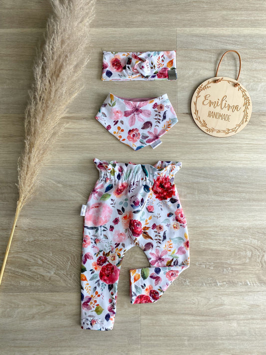 Set Paperbagpants Halstuch Baby Haarband Blumen