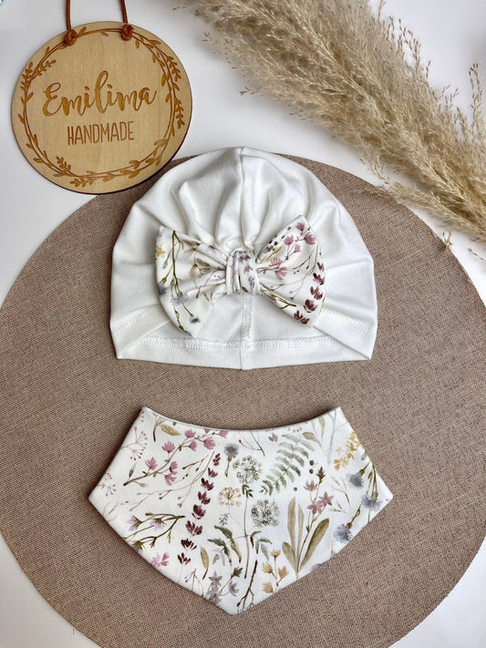 Set Turbanmütze & Halstuch Baby Kleinkind Kind weiß Blumen und Gräser