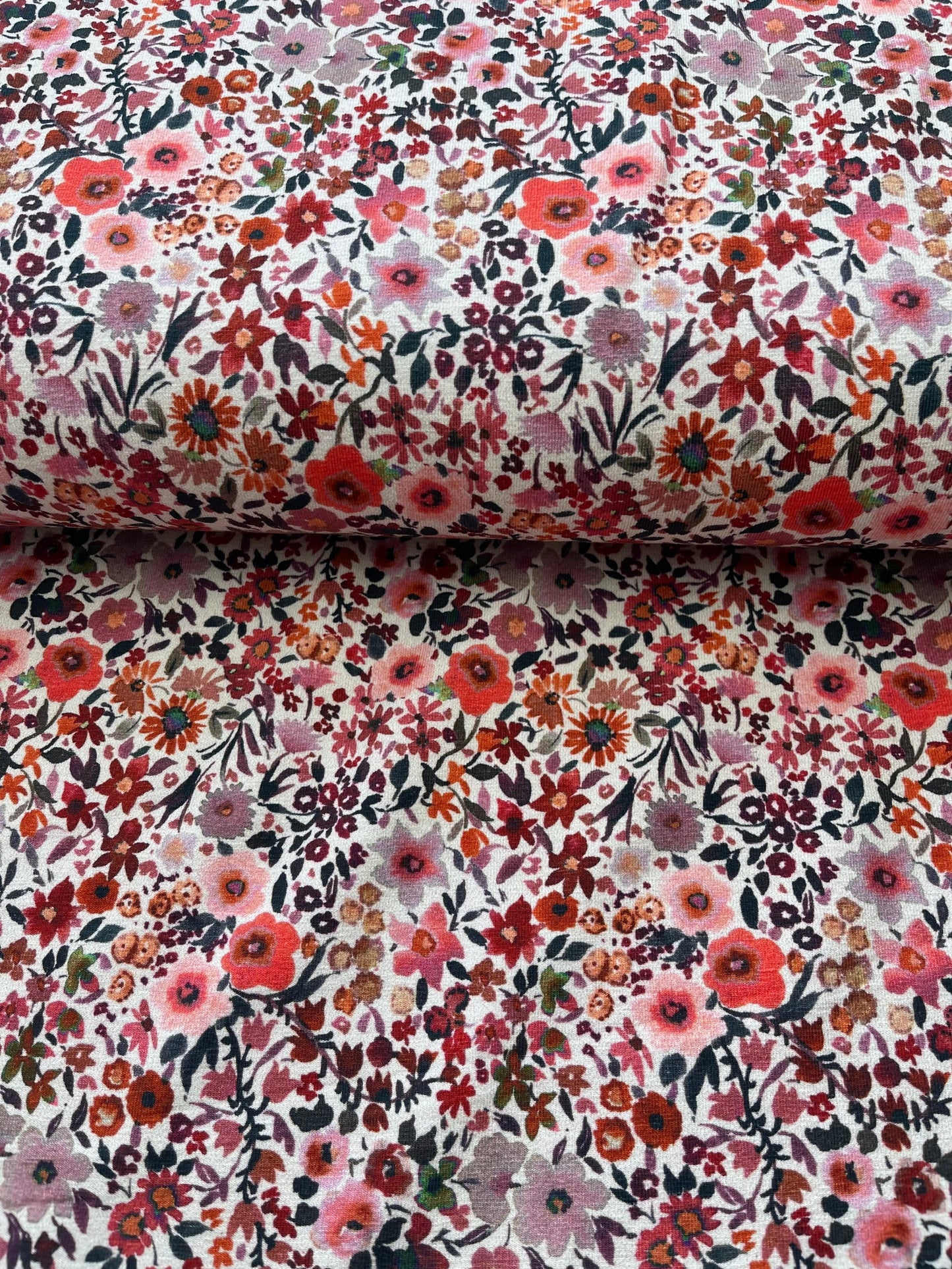 Jersey Stoff Aquarell Blumen rot Flowers Baumwolljersey