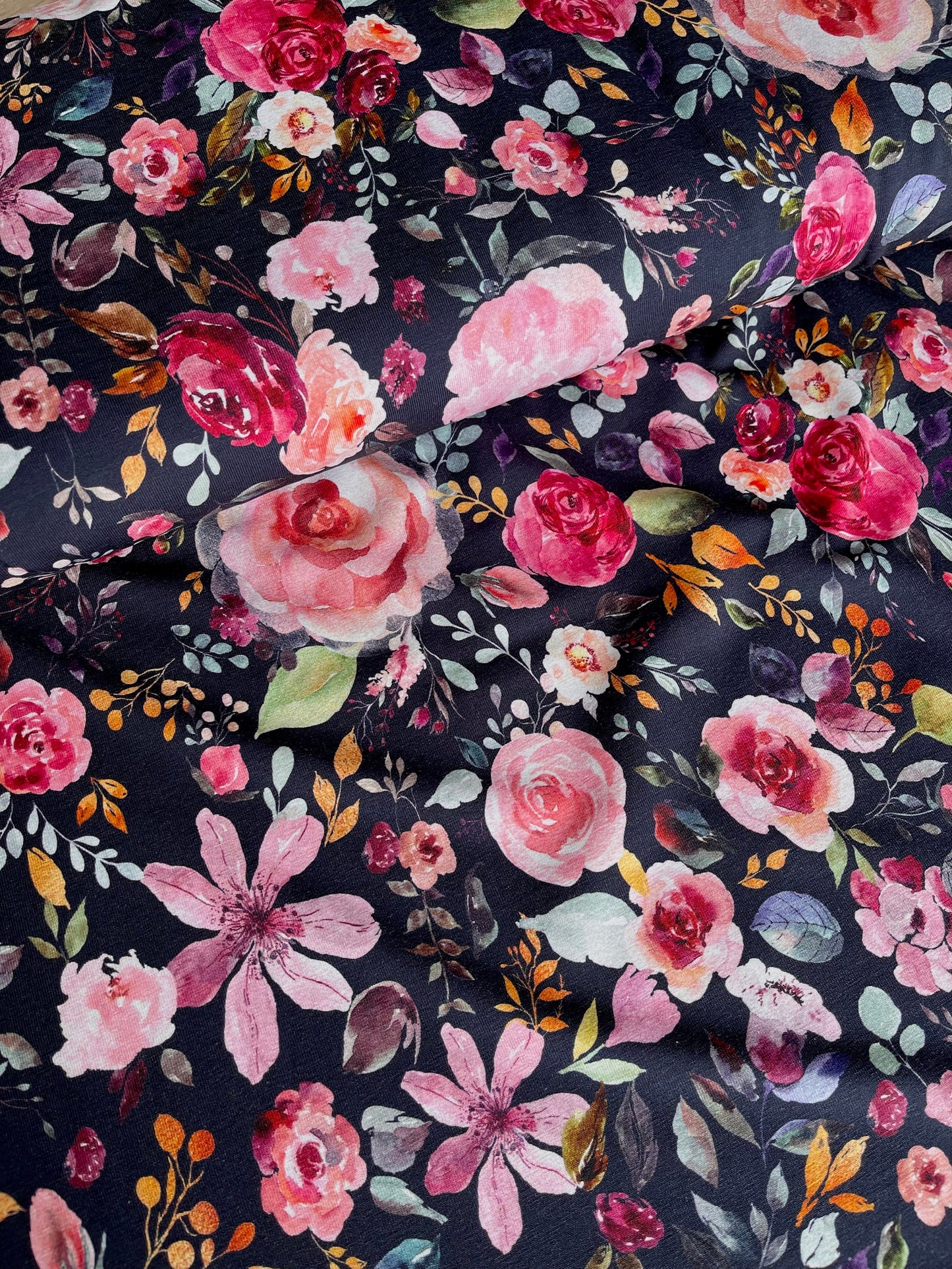 Jersey Stoff bunte Blumen marineblau Baumwolljersey GOTS