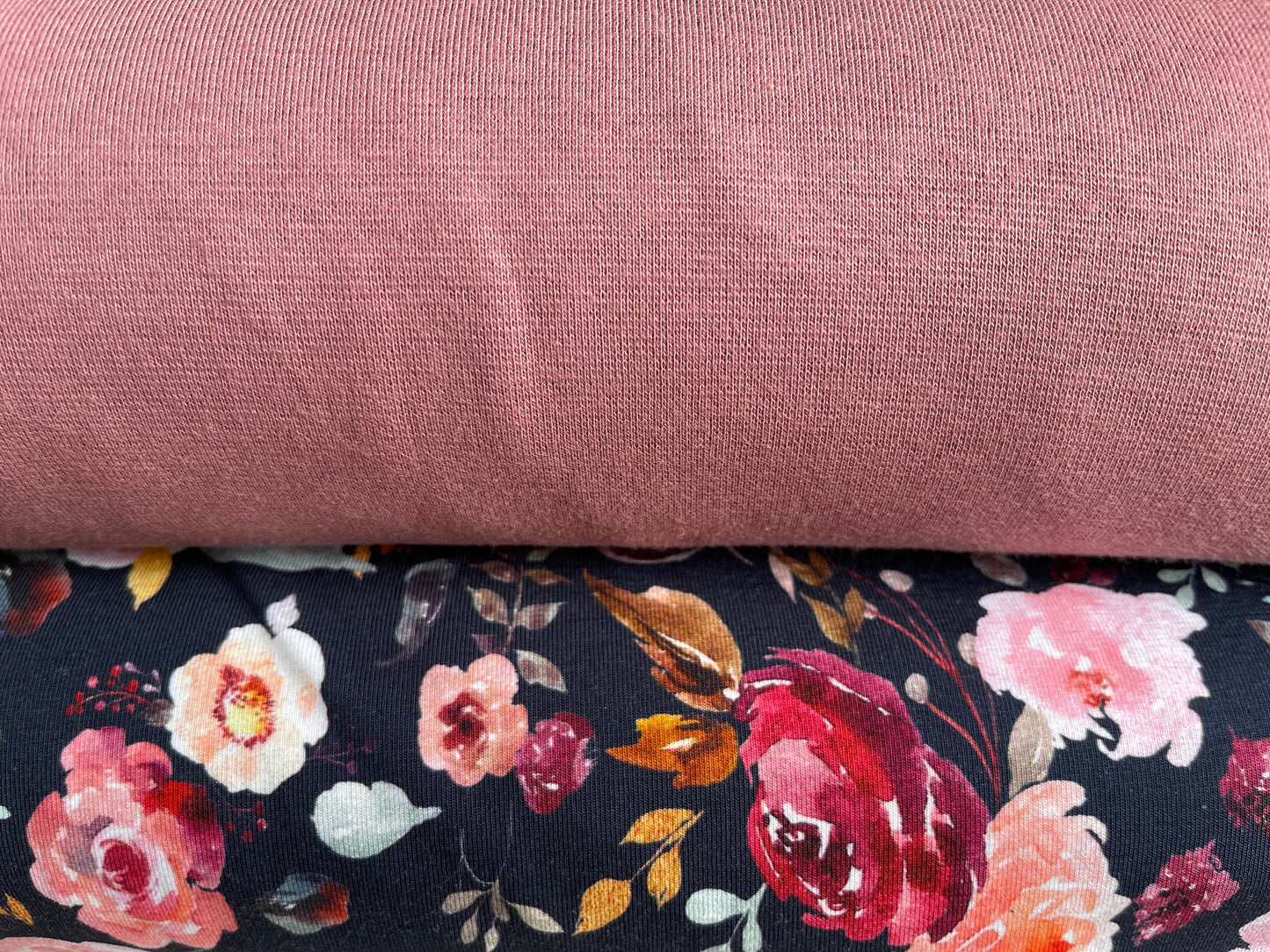 Jersey Stoff bunte Blumen marineblau Baumwolljersey GOTS