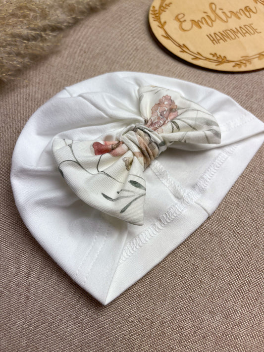 Turban Turbanmütze Schleife Blumen Schmetterlinge creme