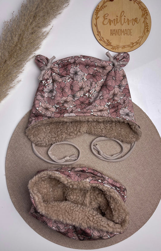 Set Wintermütze Öhrchenmütze und Loopschal  Teddyfleece Baby Kleinkind