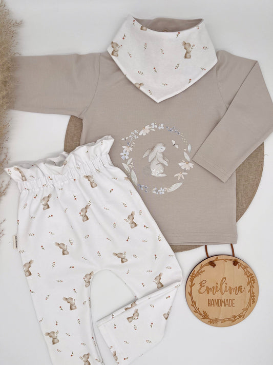 Set Baby Paperbagpants Halstuch Langarmshirt Sand beige Hase Bügelbild Ostern Frühling